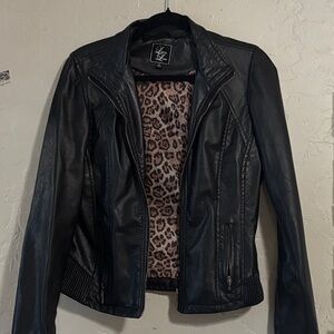 Black Faux Leather Women's Jacket with Leopard Print Lining